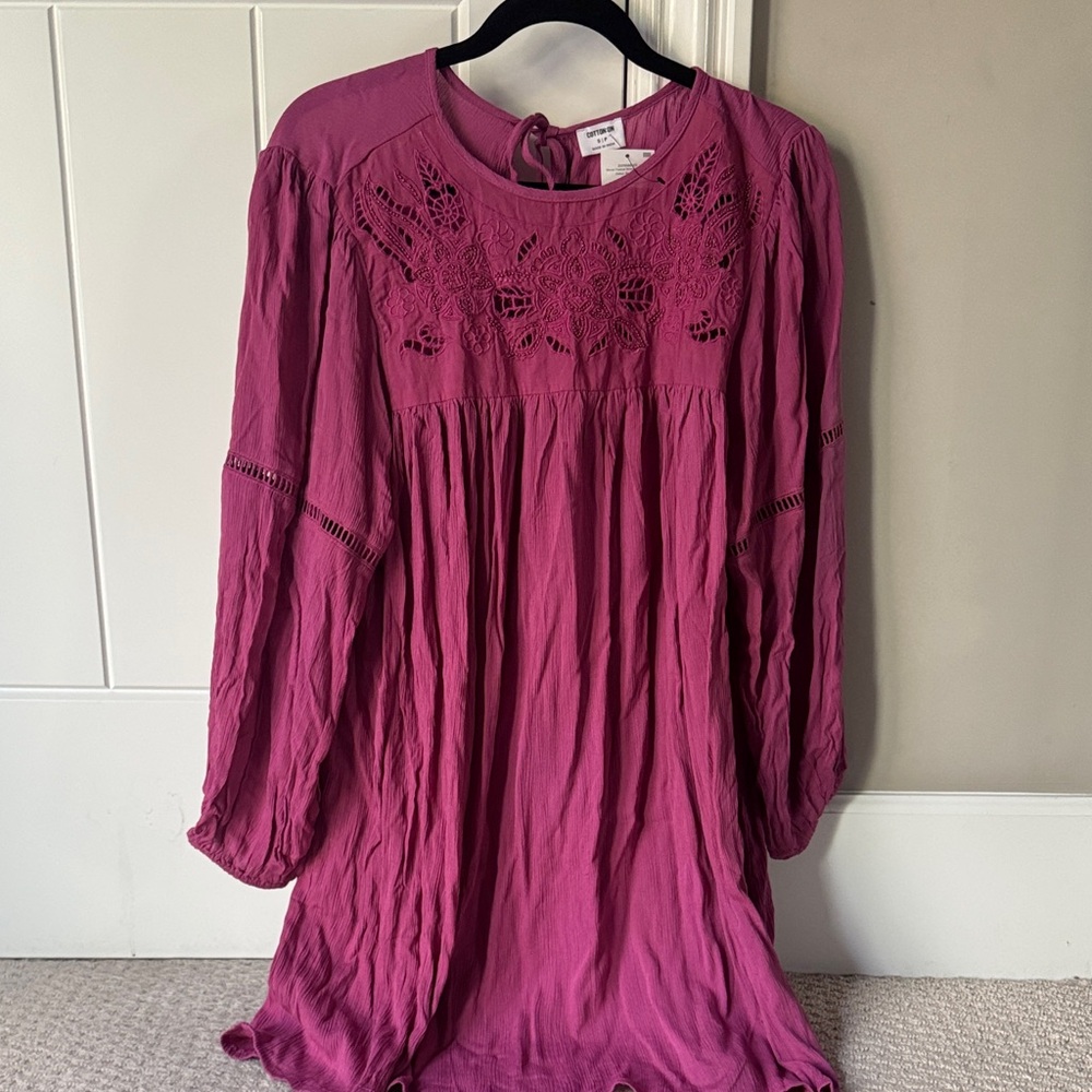 NWT Cotton on woman’s festive smock mini dress in rose wine